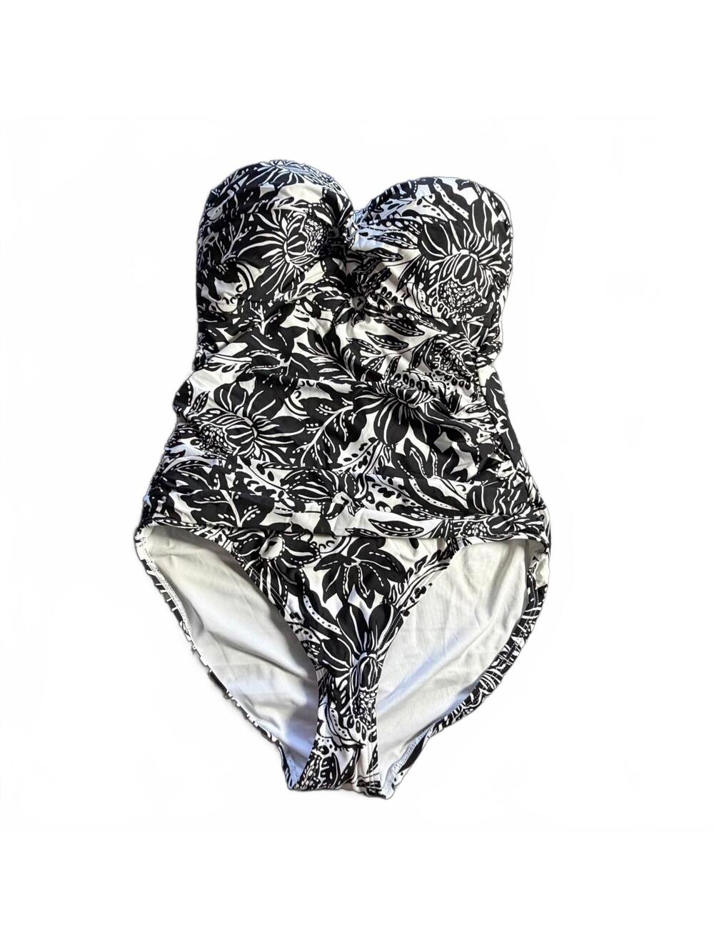 ANNE COLE black white molded cup tummy control one piece swimsuit size 12 New